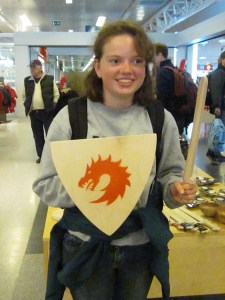 Celeste checking out the souvenirs at the duty-free shop