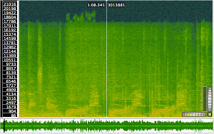 Spectrogram of "party, party, party". Note high frequency excursions on the first instance.