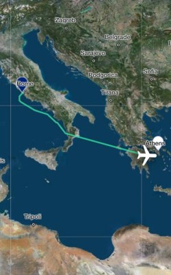 Map showing flight route from Rome to Athens